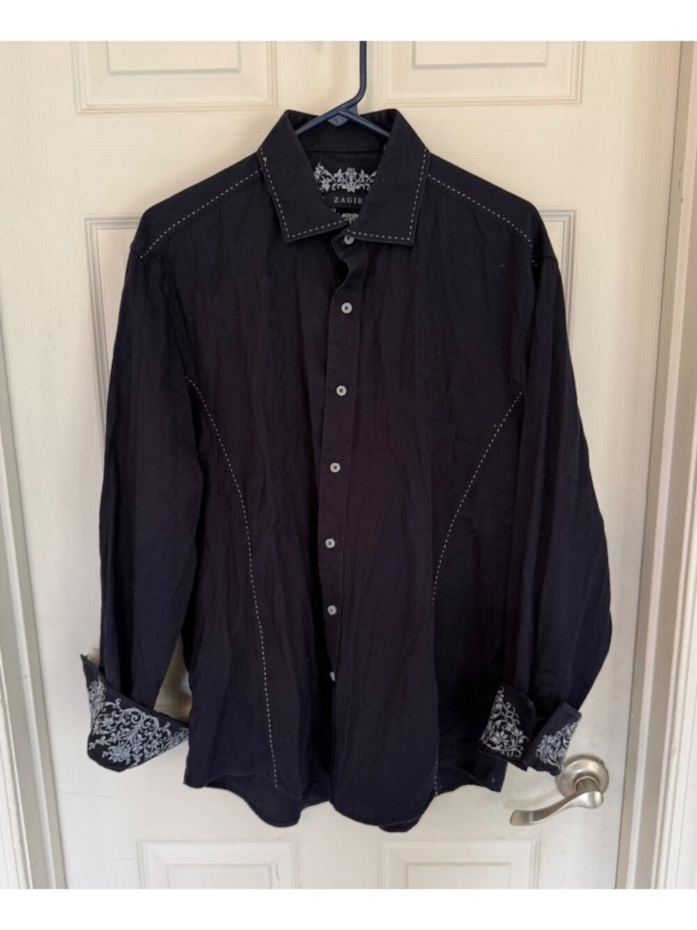 Zagiri Men's Navy Blue Embroidered Stitching Button Down Shirt Size XL